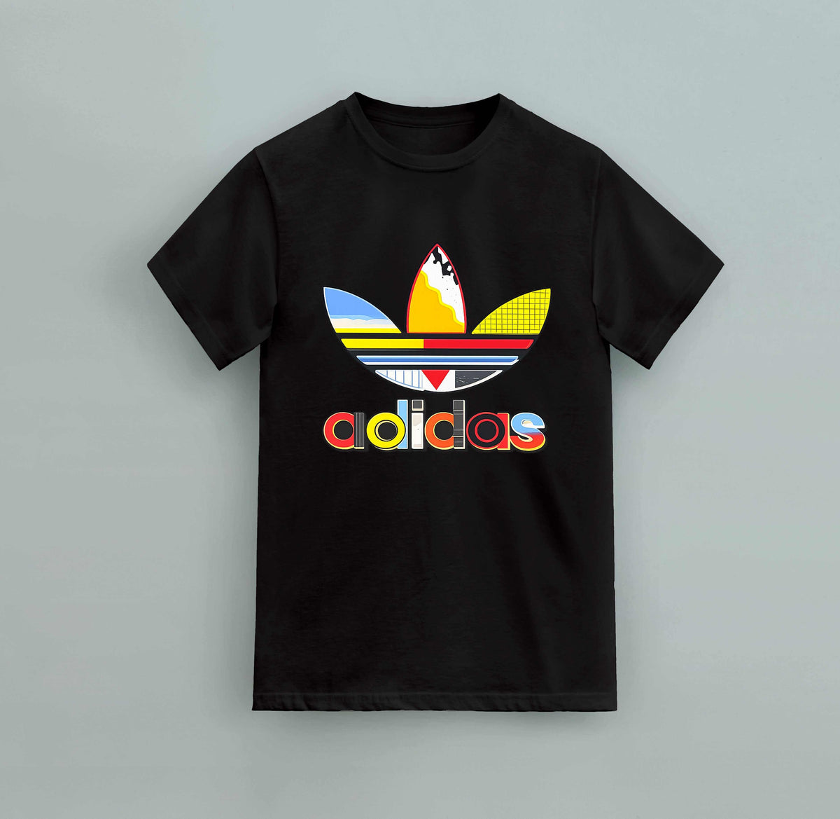 Black cotton t-shirt featuring a large Adidas colorful Logo T-Shirts with vibrant, multi-patterned trefoil and text on front