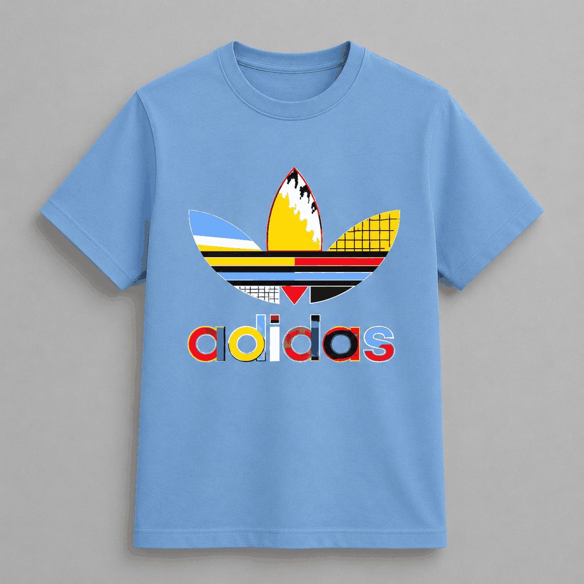 Light blue cotton t-shirt featuring a large multicolored Adidas logo with geometric and striped patterns, Adidas colorful Logo T-Shirts