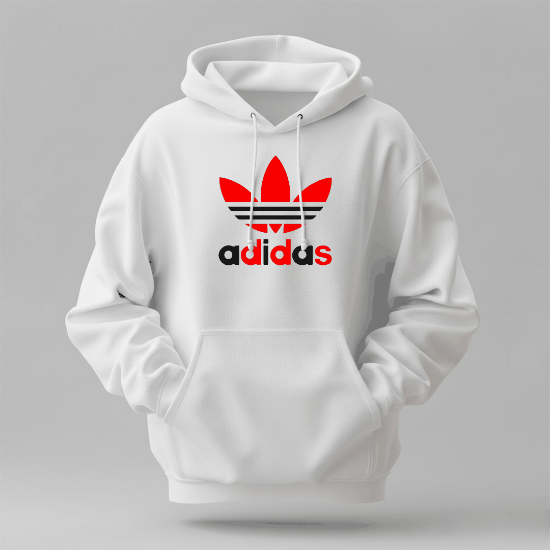 adidas - Winter Hoodie in white cotton with red trefoil logo, black adidas lettering, drawstring hood and kangaroo pocket