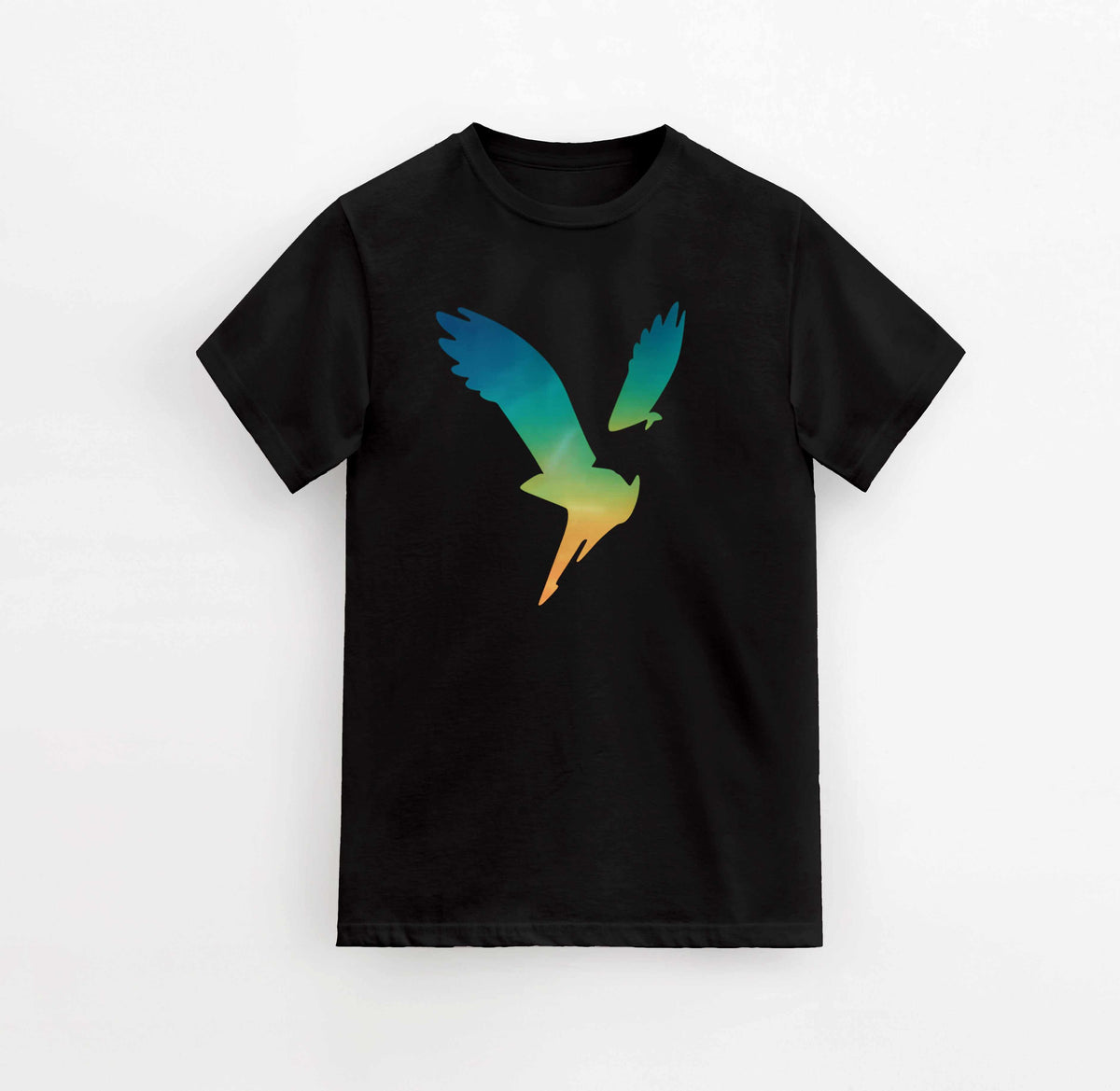 Black cotton t-shirt featuring a large American Eagle color Logo in gradient blue, green, and orange on the front