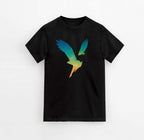 Black cotton t-shirt featuring a large American Eagle color Logo in gradient blue, green, and orange on the front