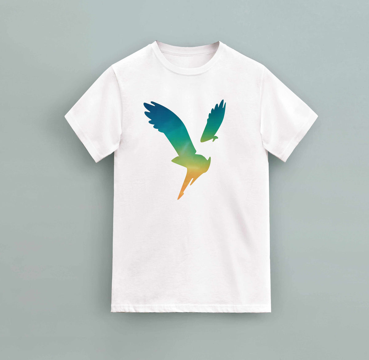 White cotton t-shirt featuring a gradient American Eagle color Logo in blue, green, and orange shades on the front