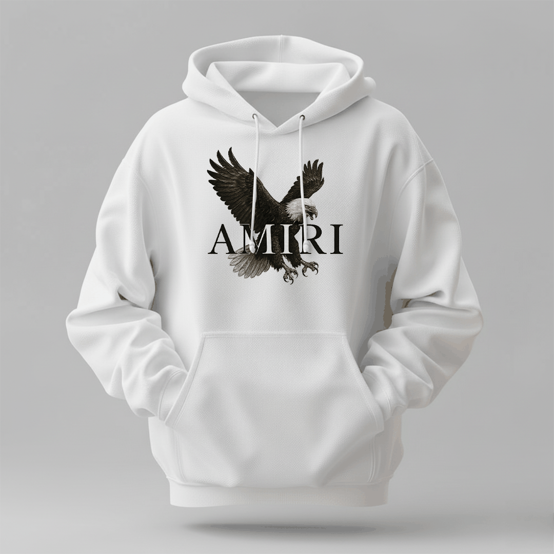 Amiri hoodie men's white cotton hoodie featuring a large eagle graphic and drawstrings on the hood