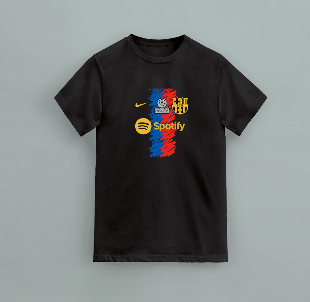 BARCELONA Regular T-shirt in black cotton with short sleeves and colorful Barcelona, Nike, and Spotify graphic
