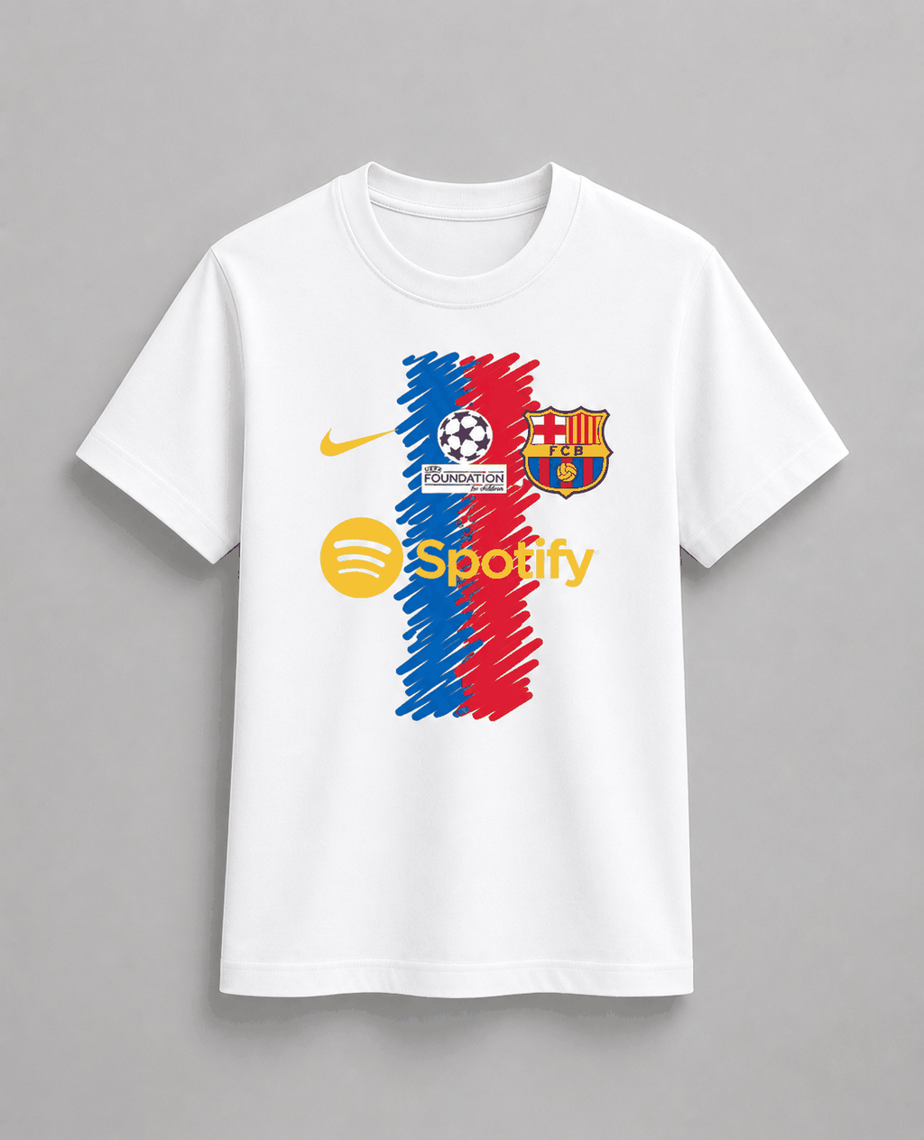 BARCELONA Regular T-shirt in white cotton with colorful FC Barcelona graphic, Nike swoosh, football and Spotify logos