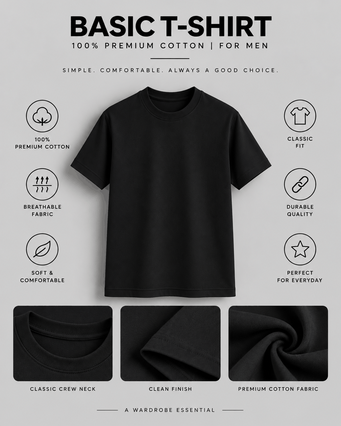 Basic T-Shirt in black made from 100% premium cotton with classic crew neck, soft breathable fabric, and durable quality