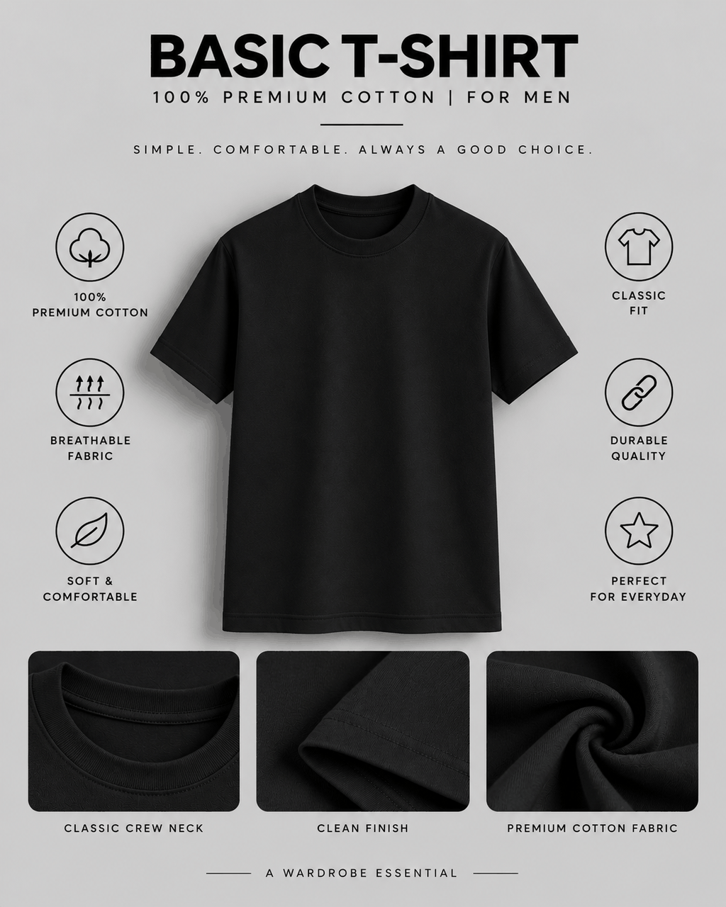 Basic T-Shirt in black made from 100% premium cotton with classic crew neck, soft breathable fabric, and durable quality