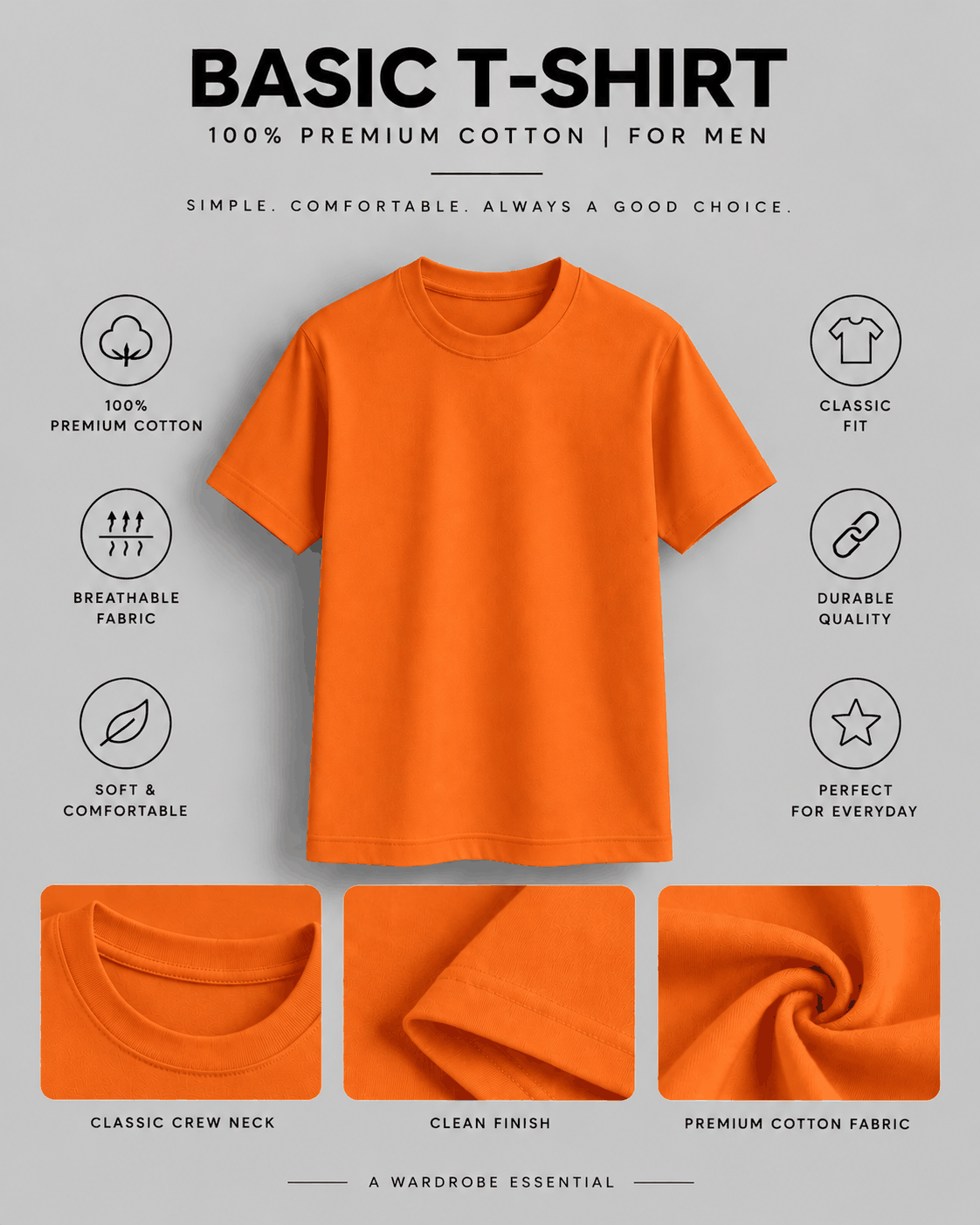 Basic T-Shirt in bright orange 100% premium cotton with classic crew neck, clean finish, and soft breathable fabric