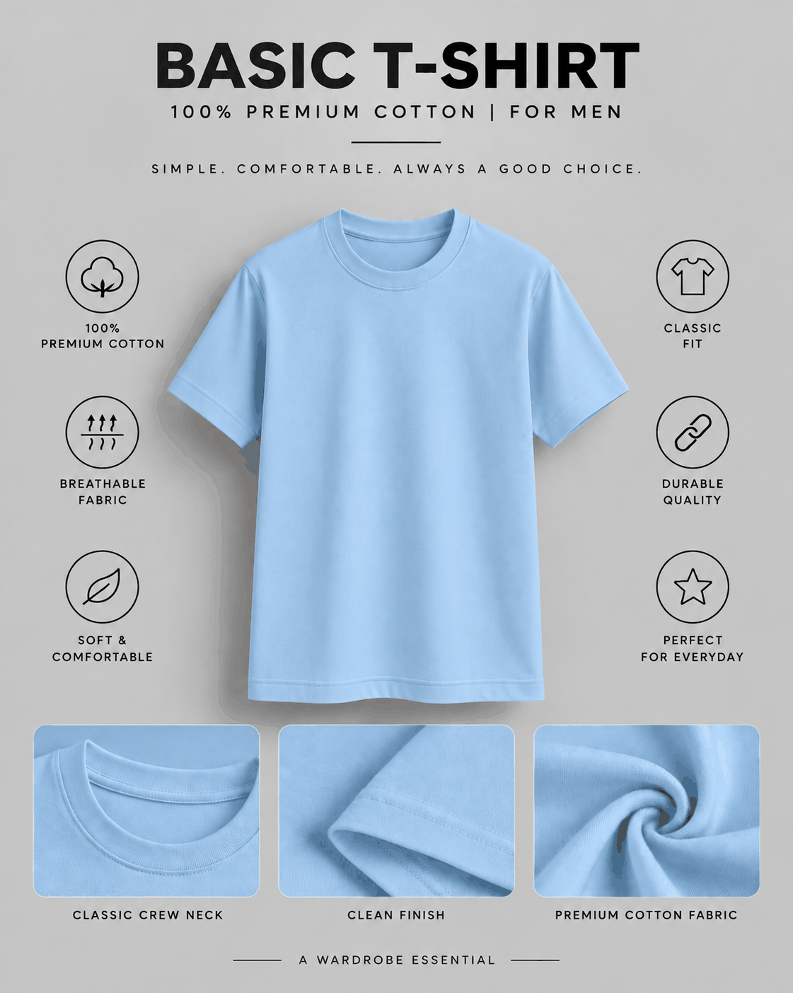 Basic T-Shirt in sky blue 100% premium cotton with classic crew neck, clean finish, and breathable soft fabric