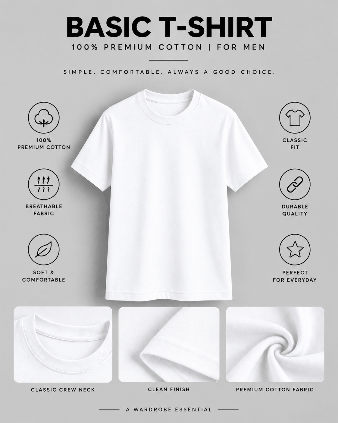 Basic T-Shirt in white cotton with classic crew neck, clean finish, and soft breathable fabric, perfect for everyday wear.