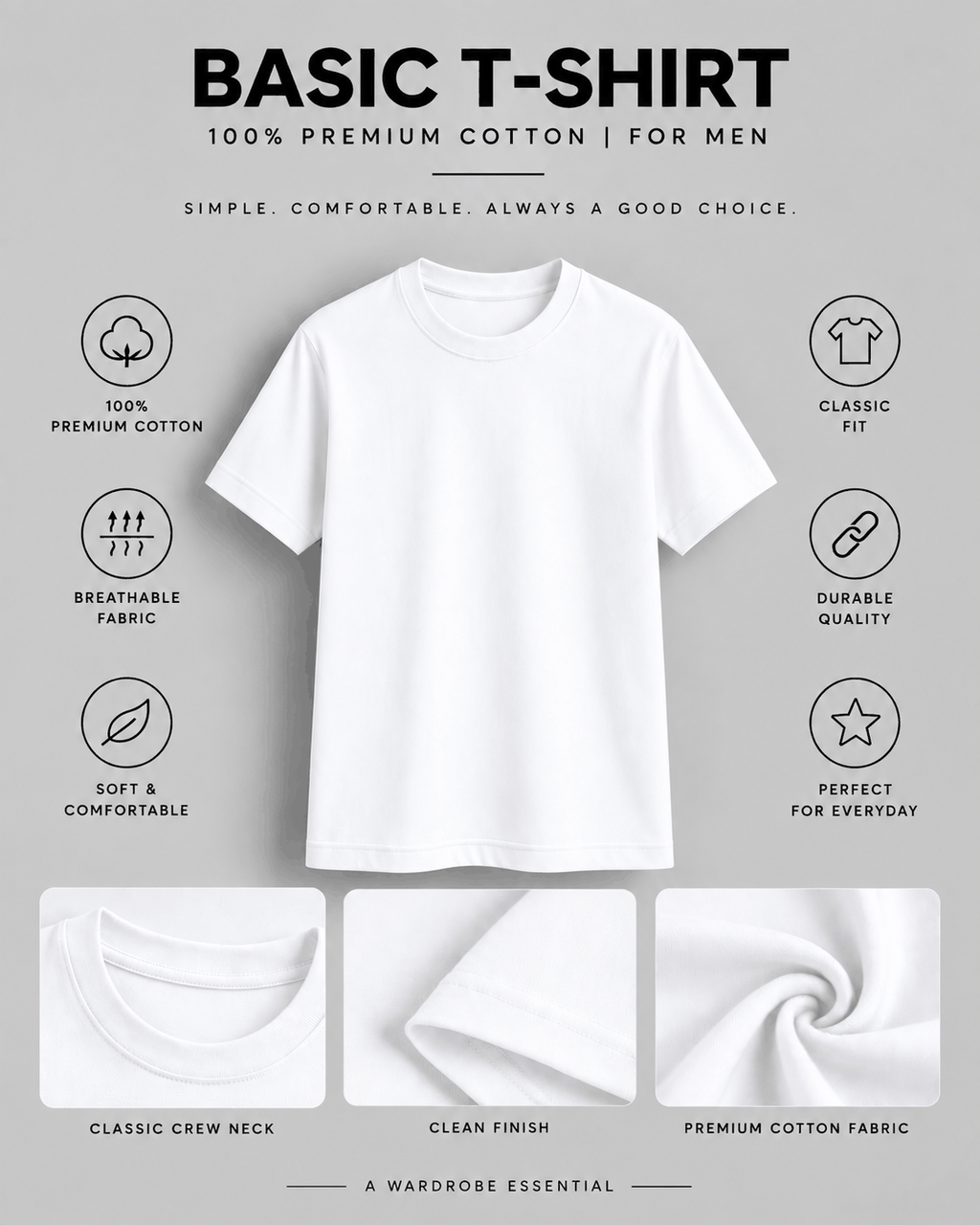 Basic T-Shirt in white cotton with classic crew neck, clean finish, and soft breathable fabric, perfect for everyday wear.