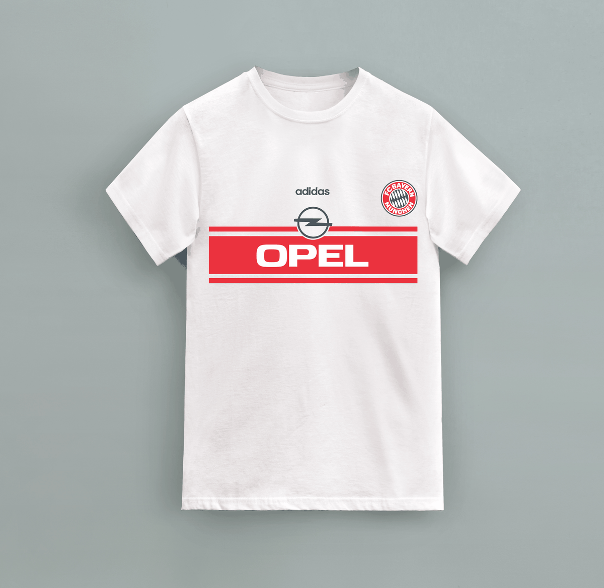 Bayern München 1989-90 white cotton T-shirt with red Opel sponsor graphic, Adidas logo, and club crest