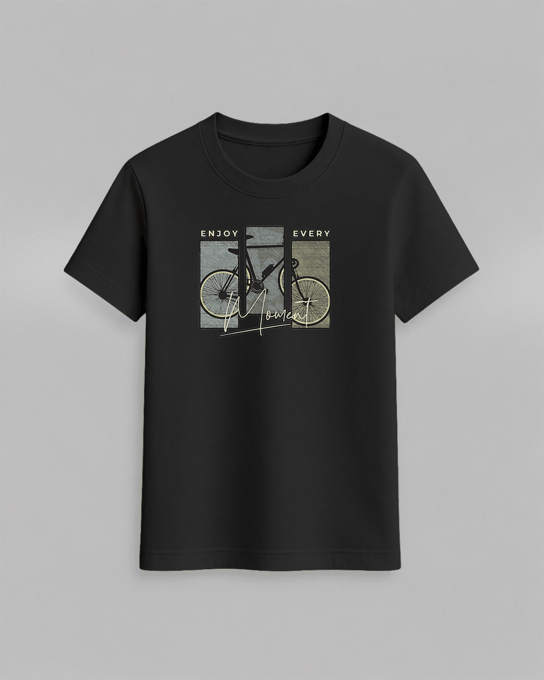 Bike T-Shirt in black cotton featuring a stylish graphic of a yellow and gray bike with text enjoy every moment