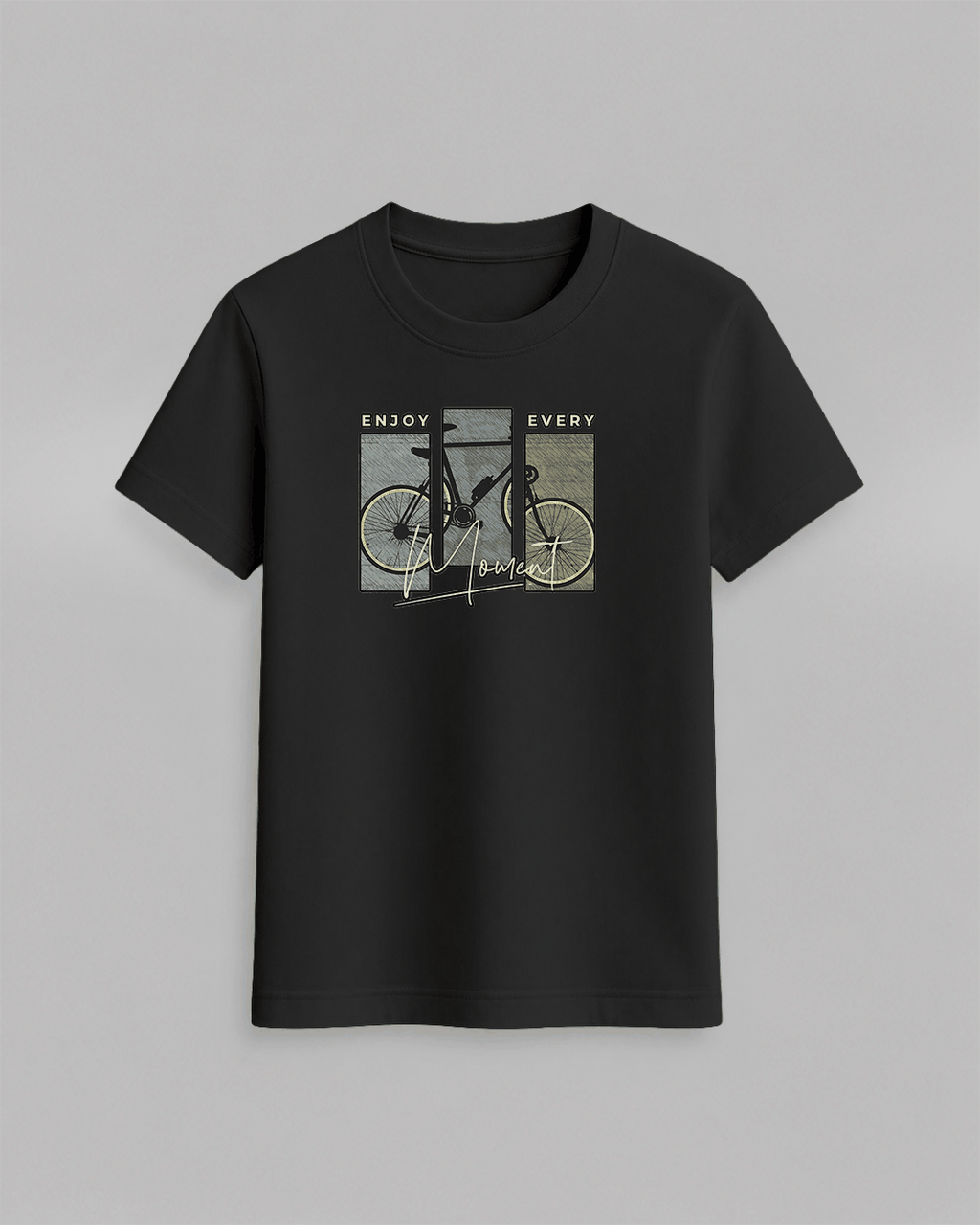 Bike T-Shirt in black cotton featuring a stylish graphic of a yellow and gray bike with text enjoy every moment