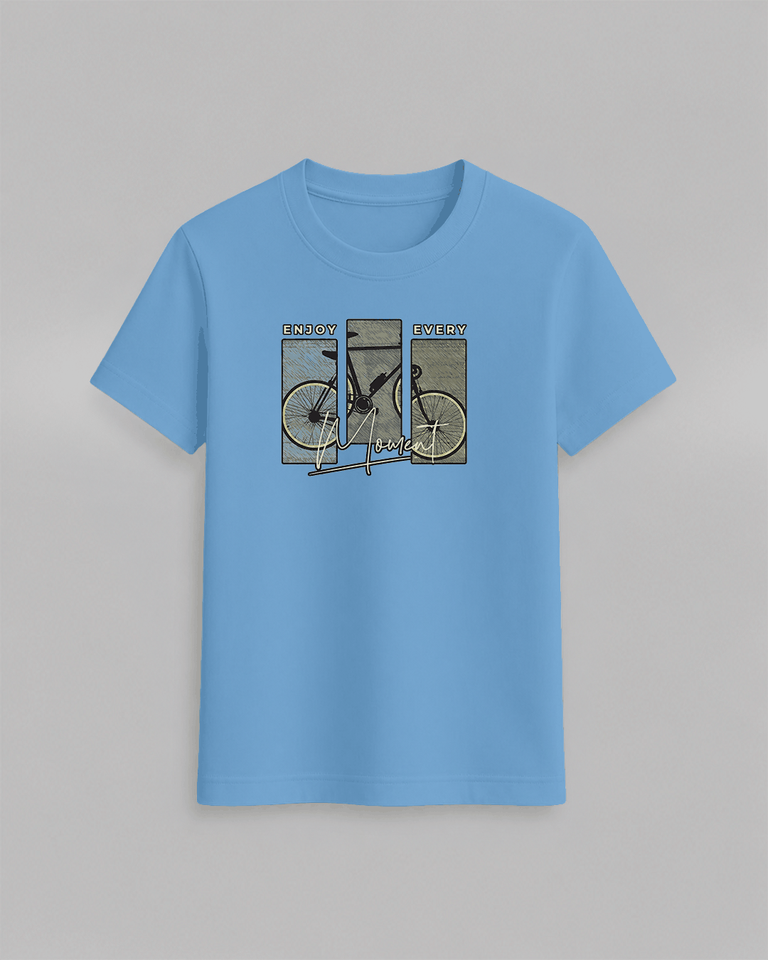 Bike T-Shirt in light blue cotton featuring a stylish graphic of a bicycle with text 'ENJOY EVERY moment' in multicolor blocks