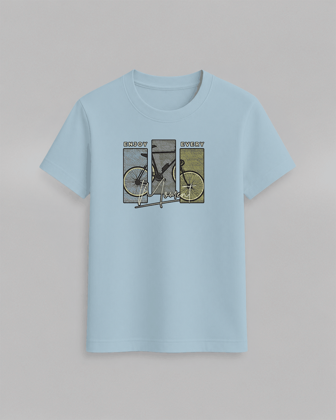 Bike T-Shirt in light blue cotton featuring a stylish graphic of a yellow and black bike with text design