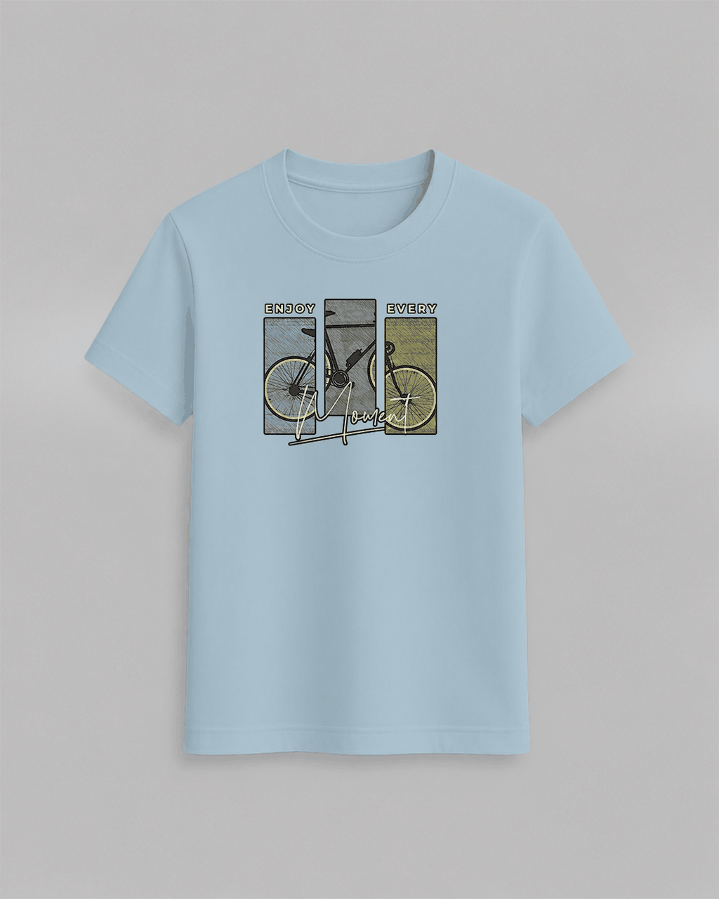 Bike T-Shirt in light blue cotton featuring a stylish graphic of a yellow and black bike with text design