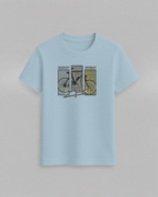 Bike T-Shirt in light blue cotton featuring a stylish graphic of a yellow and black bike with text design