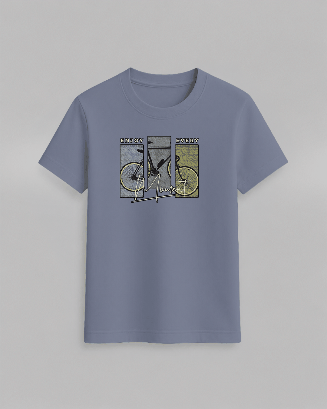 Bike T-Shirt in muted blue cotton featuring a graphic of a yellow bicycle with the text Enjoy Every Moment