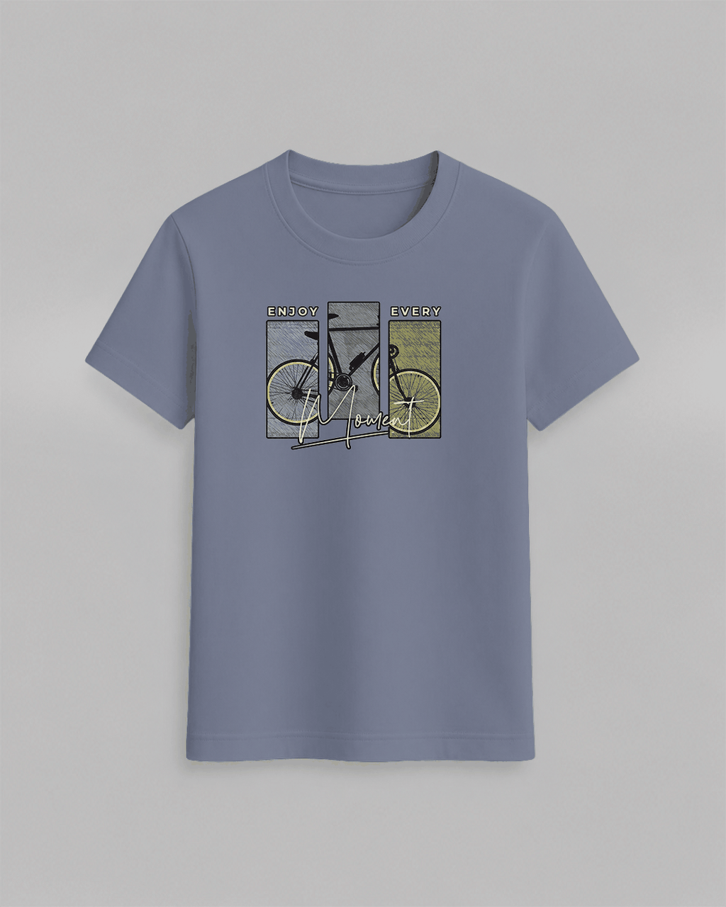 Bike T-Shirt in muted blue cotton featuring a graphic of a yellow bicycle with the text Enjoy Every Moment