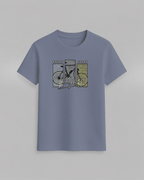 Bike T-Shirt in muted blue cotton featuring a graphic of a yellow bicycle with the text Enjoy Every Moment