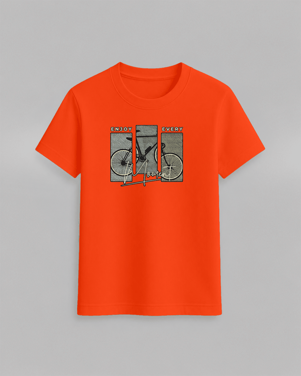 Bike T-Shirt in bright orange 100% cotton featuring a bike graphic with 'Enjoy Every Moment' text in three colored panels