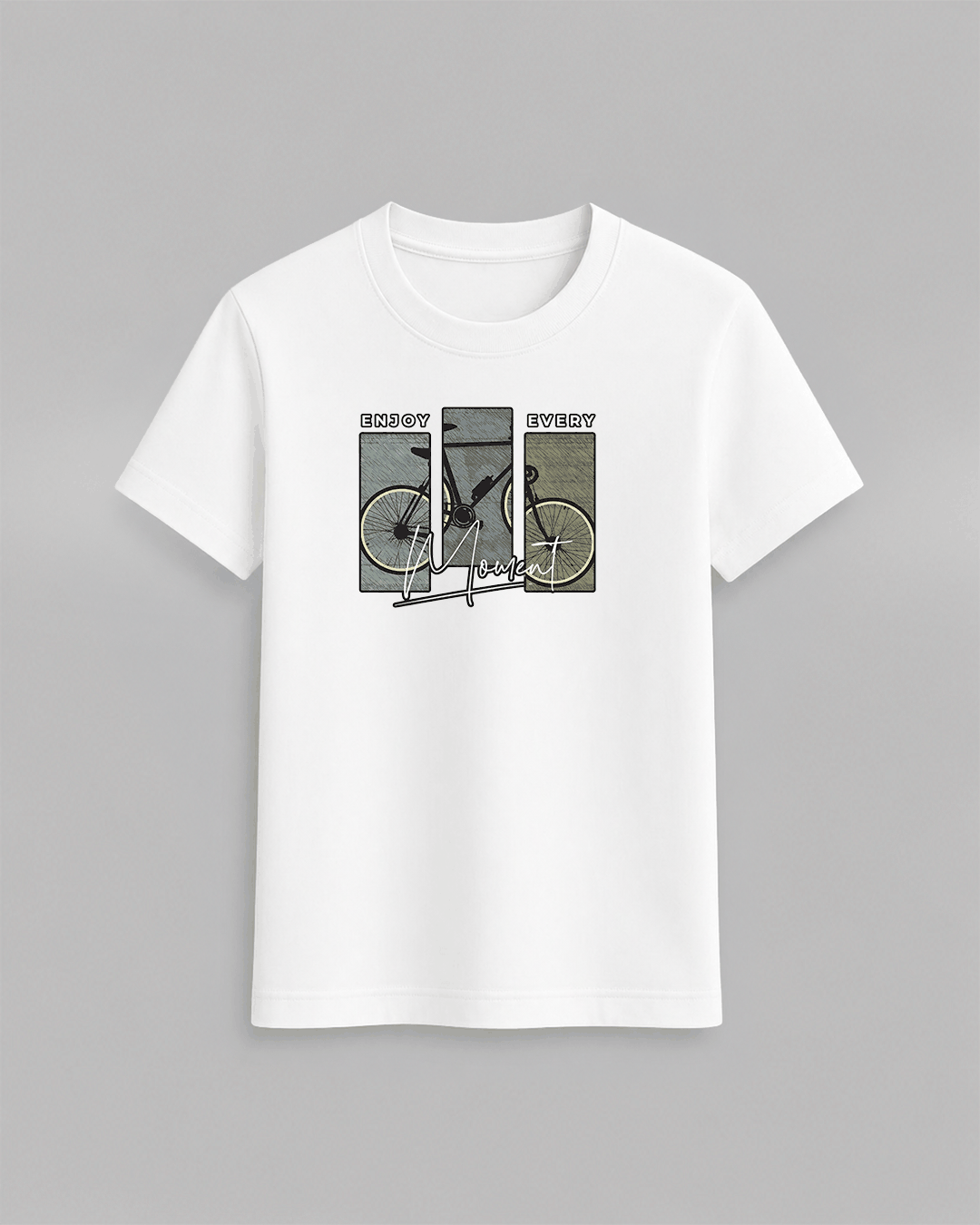 Bike T-Shirt in white 100% cotton featuring a bicycle graphic with yellow black and green segments and the text Enjoy Every Moment