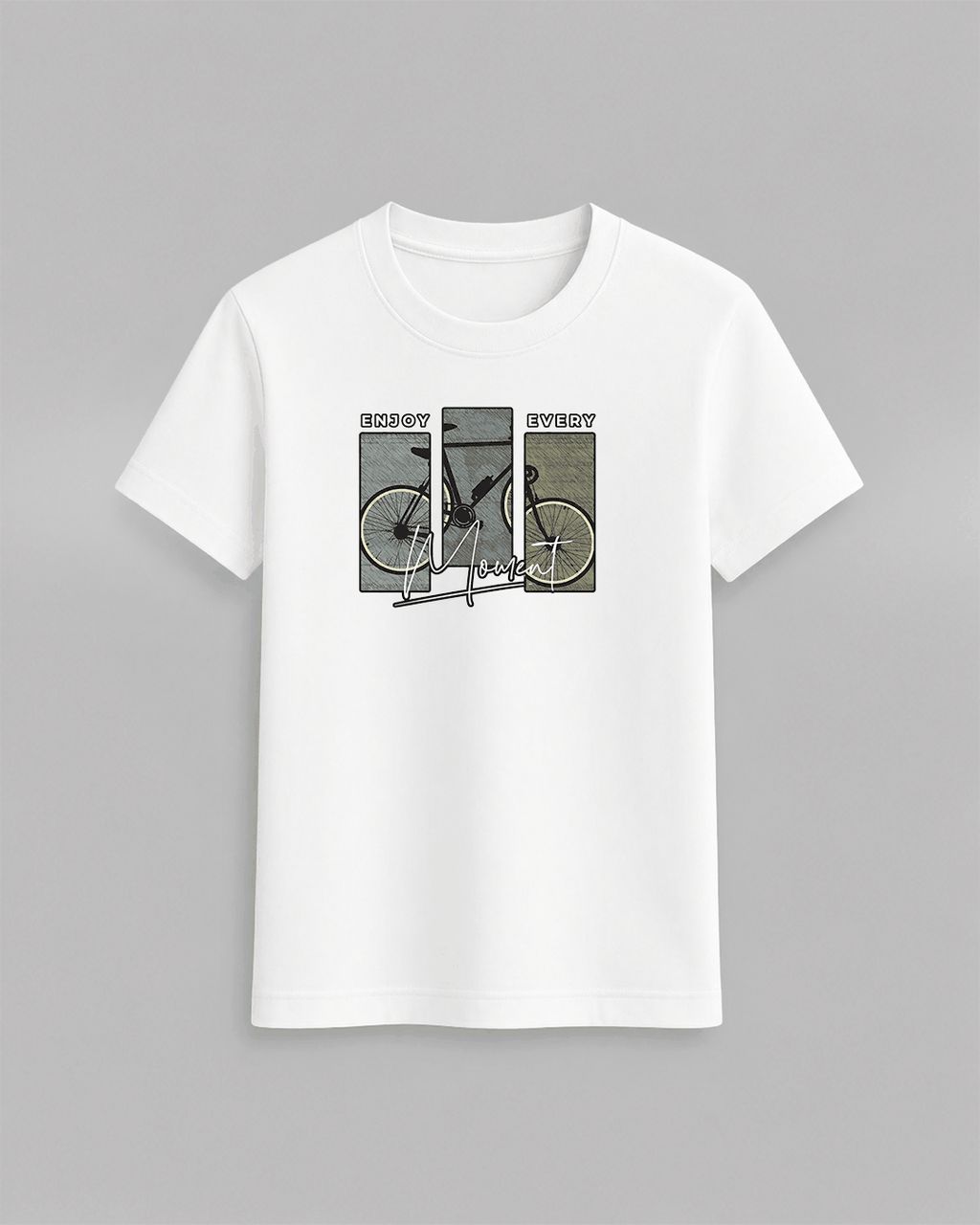 Bike T-Shirt in white 100% cotton featuring a bicycle graphic with yellow black and green segments and the text Enjoy Every Moment