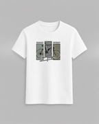 Bike T-Shirt in white 100% cotton featuring a bicycle graphic with yellow black and green segments and the text Enjoy Every Moment