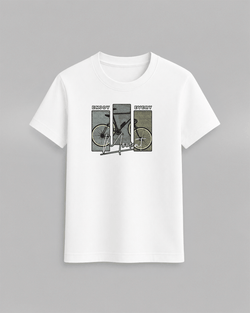 Bike T-Shirt in white 100% cotton featuring a bicycle graphic with yellow black and green segments and the text Enjoy Every Moment