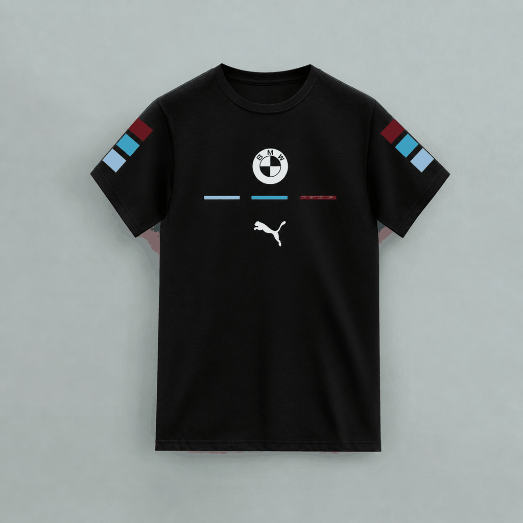 BMW T-Shirt black cotton with BMW logo on chest, Puma logo below, and red, blue, light blue stripes on sleeves