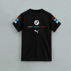 BMW T-Shirt black cotton with BMW logo on chest, Puma logo below, and red, blue, light blue stripes on sleeves
