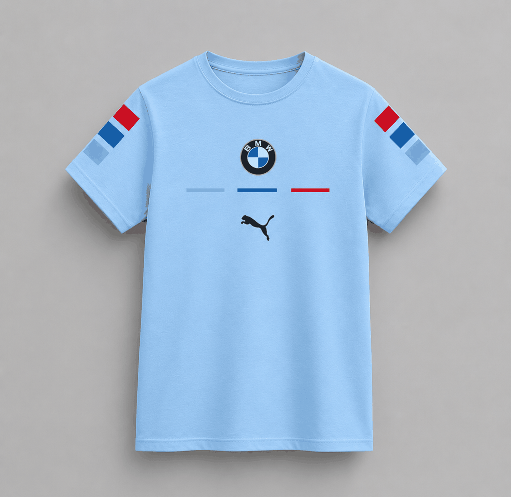BMW T-Shirt in light blue cotton featuring BMW logo, Puma logo, and red and blue stripe details on sleeves and chest