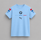 BMW T-Shirt in light blue cotton featuring BMW logo, Puma logo, and red and blue stripe details on sleeves and chest