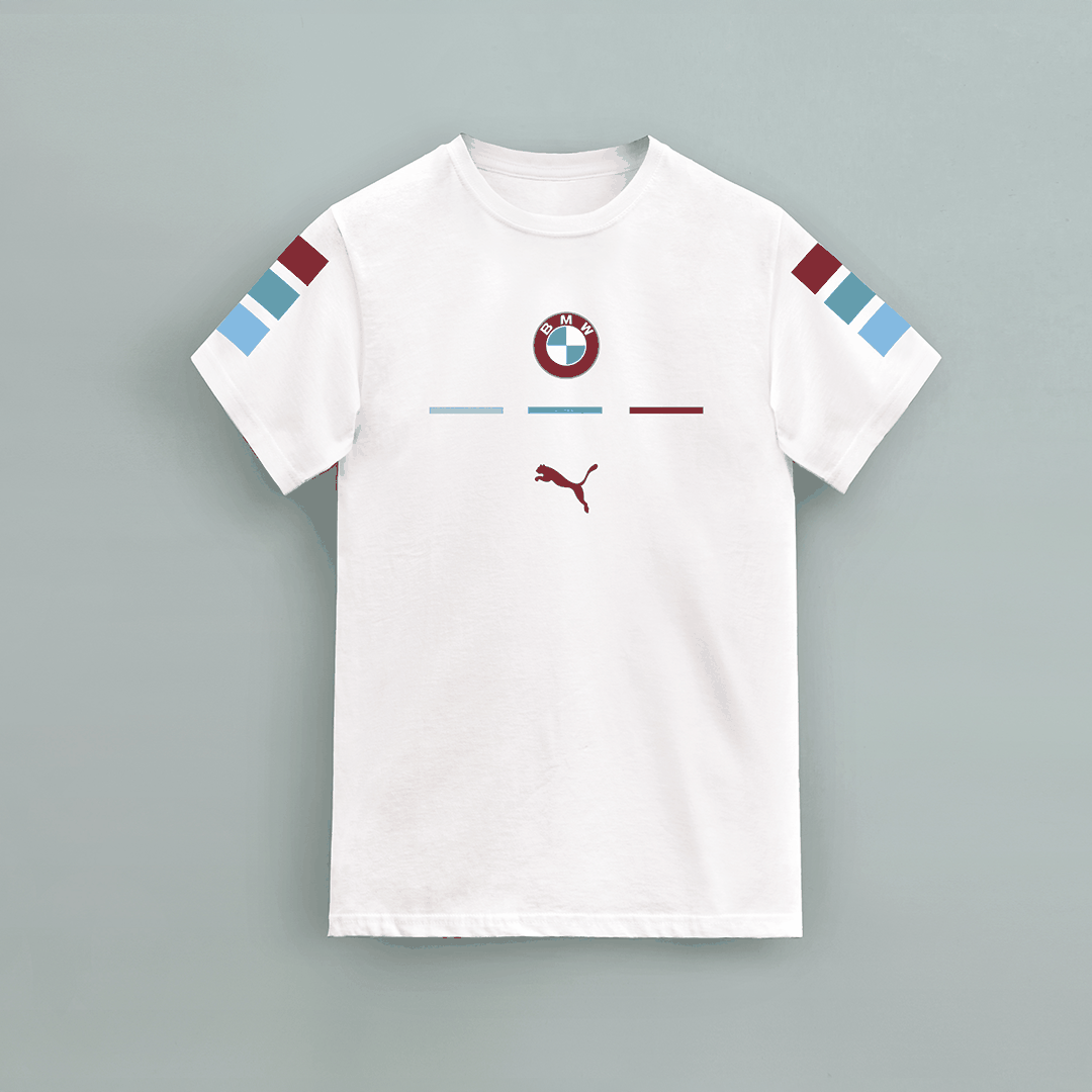 BMW T-Shirt in white 100% cotton featuring BMW logo on chest, Puma logo below, and red, blue, and light blue stripes on sleeves