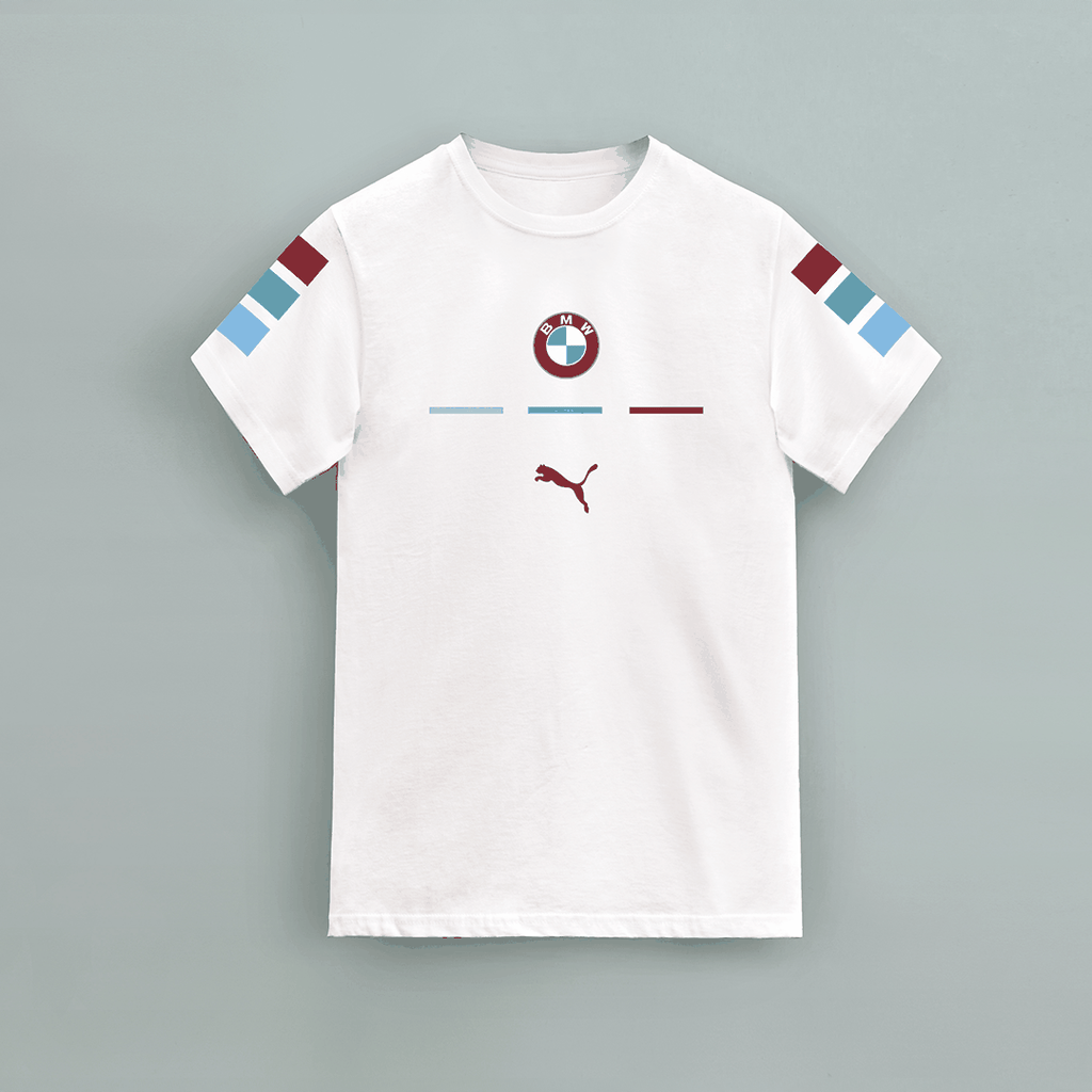 BMW T-Shirt in white 100% cotton featuring BMW logo on chest, Puma logo below, and red, blue, and light blue stripes on sleeves