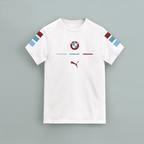 BMW T-Shirt in white 100% cotton featuring BMW logo on chest, Puma logo below, and red, blue, and light blue stripes on sleeves
