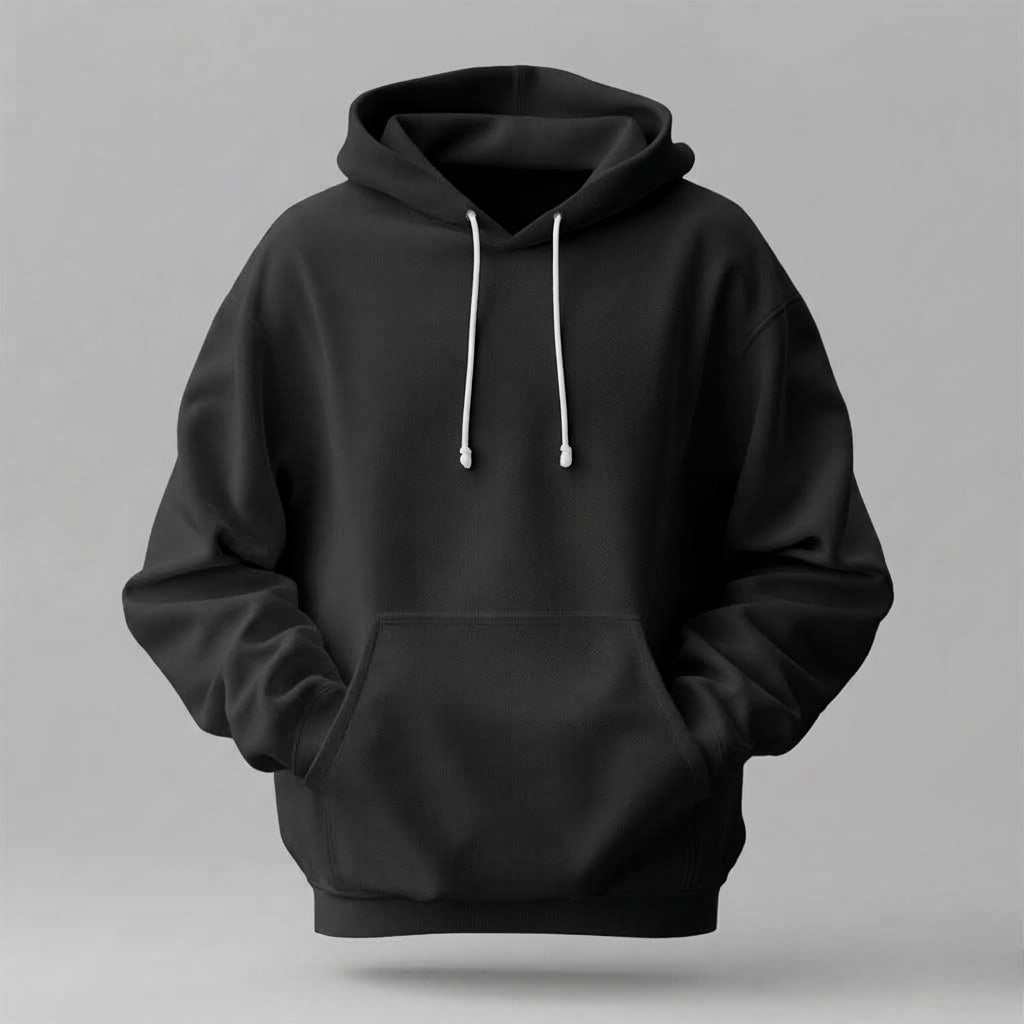 Burgundy Stylish hoodie in black cotton with a plain design, drawstring hood, ribbed cuffs, and front kangaroo pocket