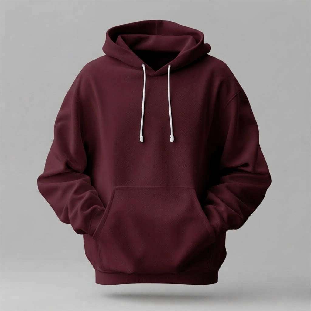 Burgundy Stylish regular fit hoodie in plain cotton with drawstring hood and front kangaroo pocket