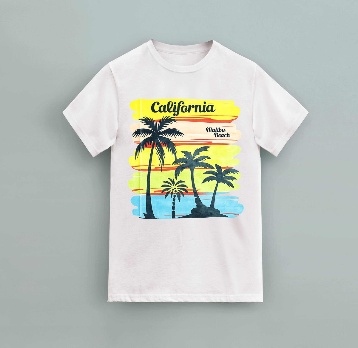 California T-Shirts white cotton t-shirt with colorful sunset and black palm tree graphic print