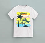 California T-Shirts white cotton t-shirt with colorful sunset and black palm tree graphic print