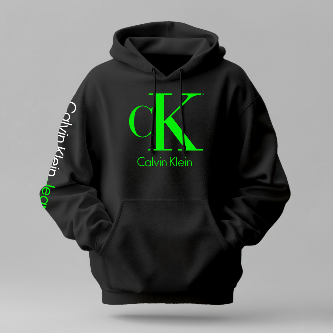 Calvin Klein black cotton hoodie with green CK logo, drawstring hood, kangaroo pocket and ribbed cuffs
