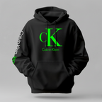 Calvin Klein black cotton hoodie with green CK logo, drawstring hood, kangaroo pocket and ribbed cuffs