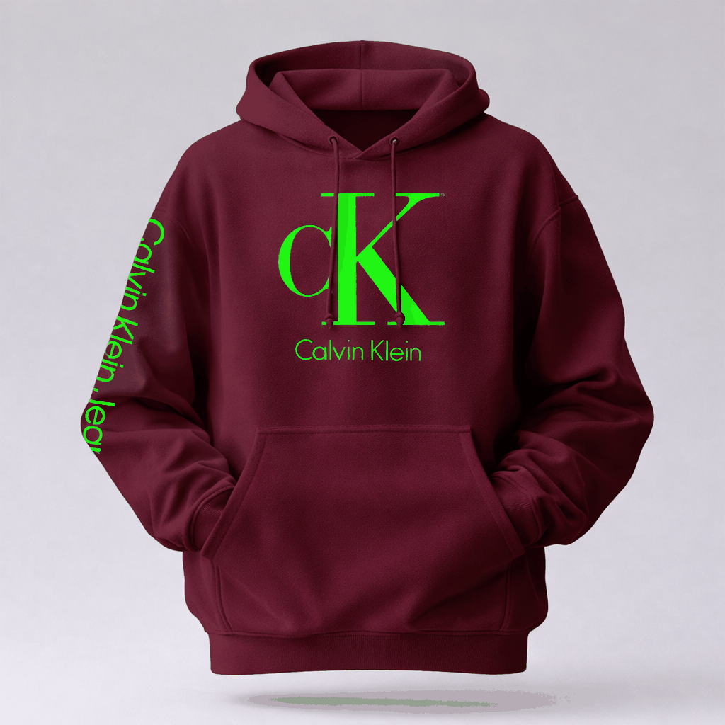 Calvin Klein burgundy cotton hoodie with bright green logo, drawstring hood, long sleeves and kangaroo pocket