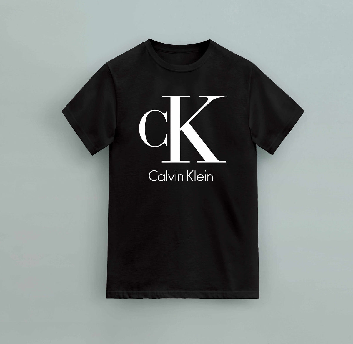 Calvin Klein Men's CK Logo T-Shirts featuring a black short-sleeve cotton fabric with a large white CK logo and Calvin Klein text printed