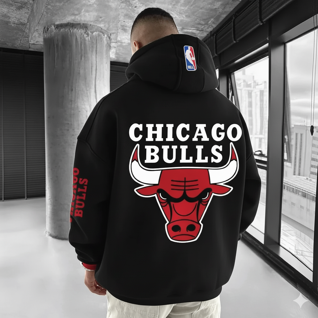 Chicago Bulls hoodie in black cotton with large red bull logo and Chicago Bulls graphic on the back