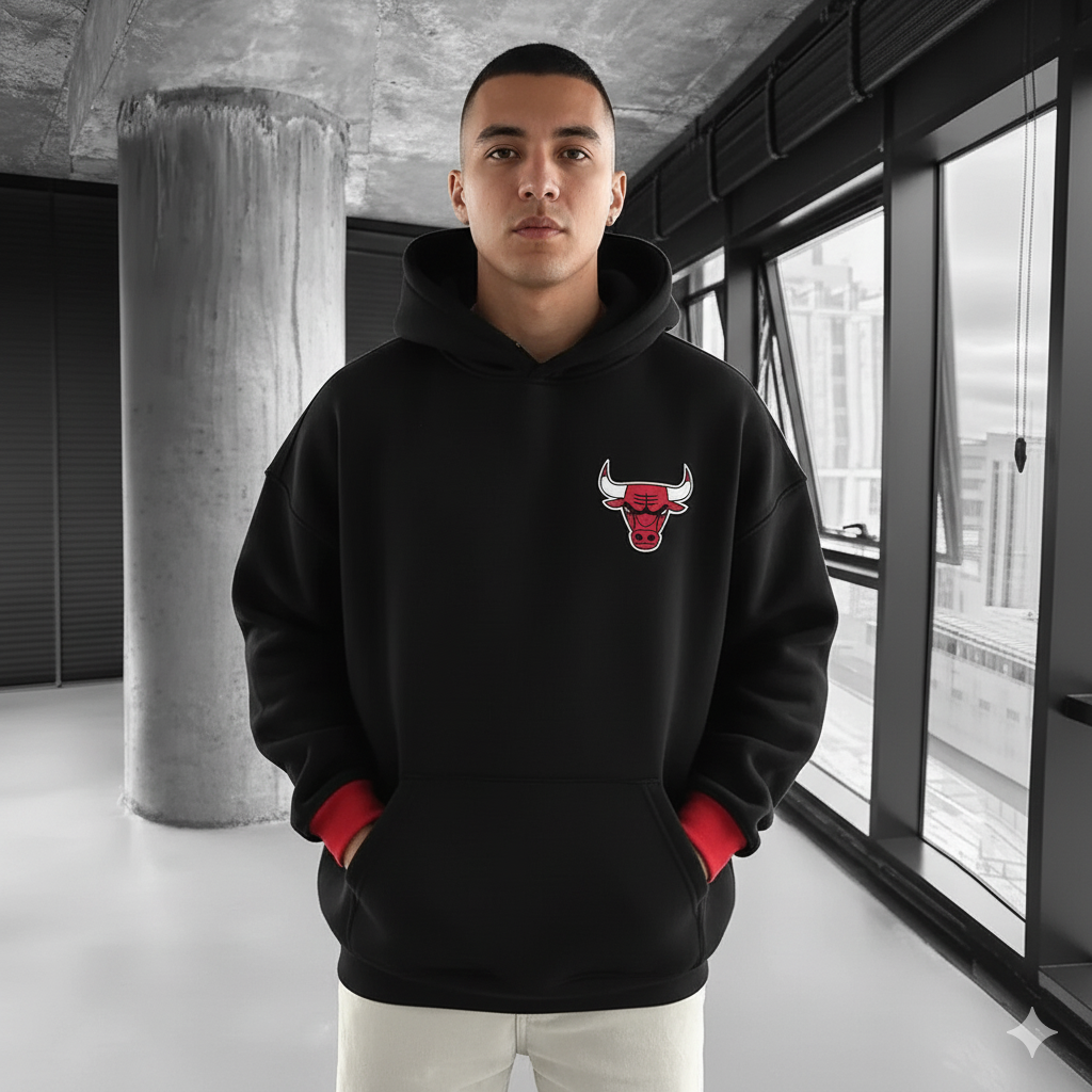 Chicago Bulls hoodie in black cotton with a red bull logo, drawstring hood, kangaroo pocket and red cuffs