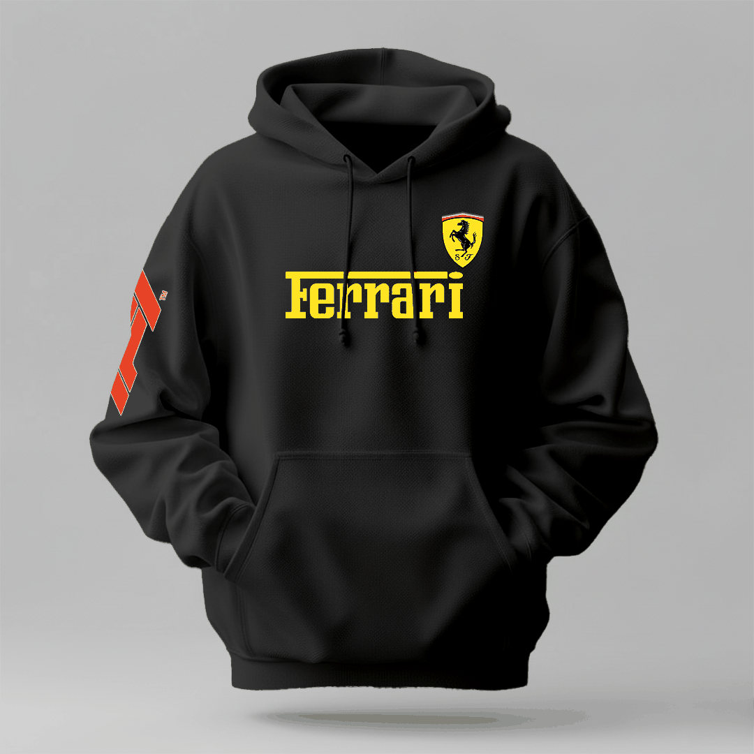 Cold weather urban wear black Ferrari hoodie with yellow logo, hood, drawstrings and front kangaroo pocket