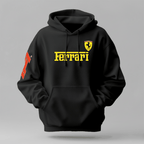Cold weather urban wear black Ferrari hoodie with yellow logo, hood, drawstrings and front kangaroo pocket