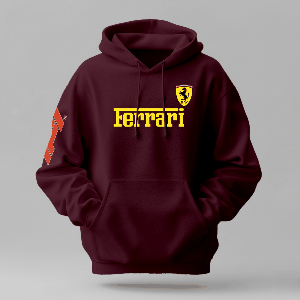 Hoodie in burgundy cotton with Ferrari logo, drawstring hood, kangaroo pocket and graphic sleeve detail for cold weather urban wear